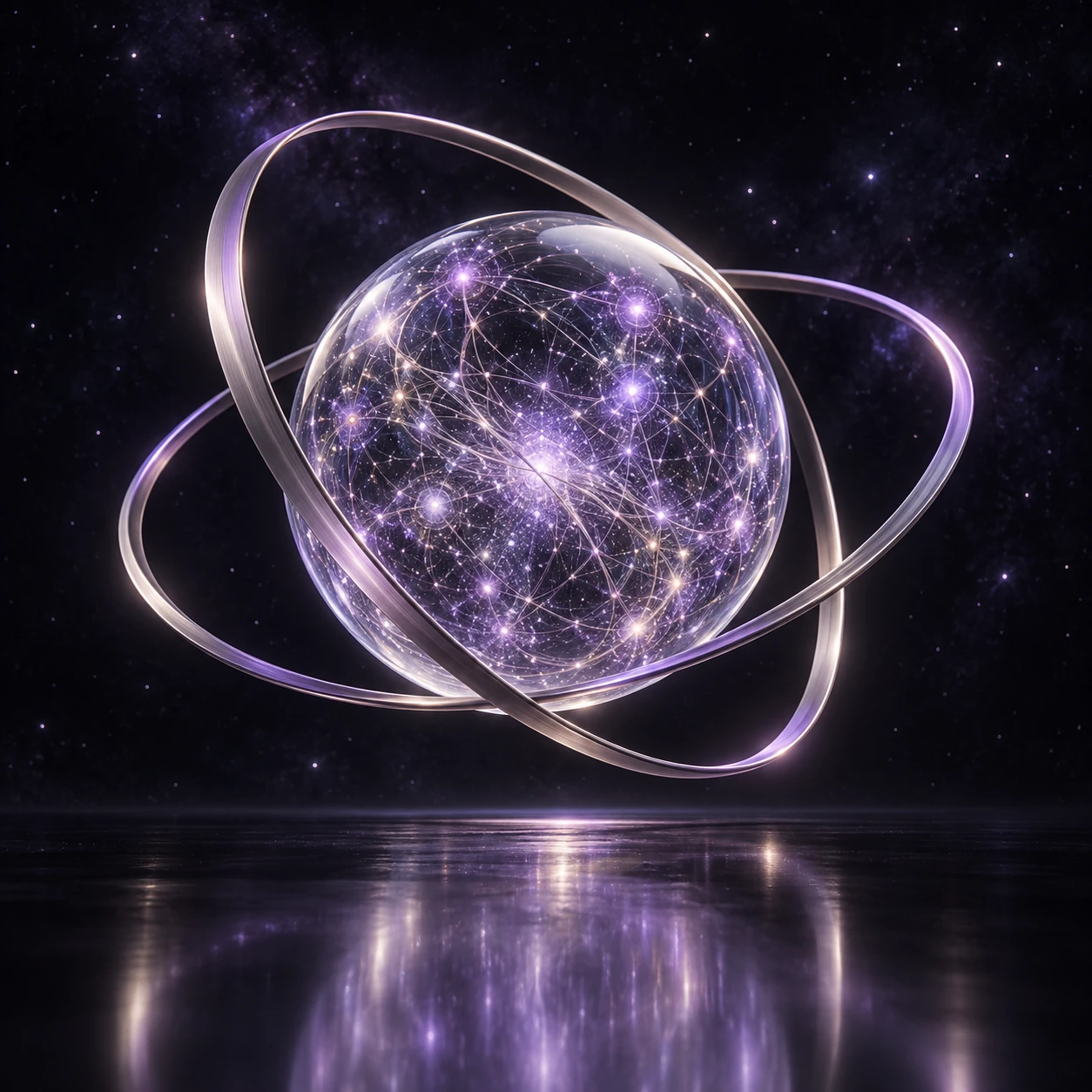 A luminous constellation of interconnected ideas suspended inside silver orbital rings